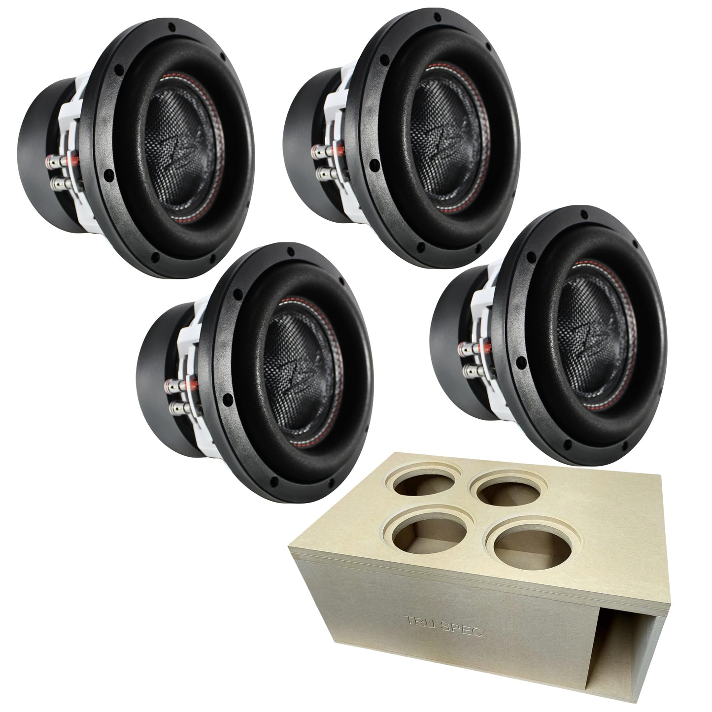 Four RAGE 8" DVC 500W RMS Subwoofer w/ Tru Spec Vented Quad 8" Enclosure